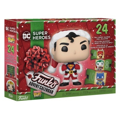 Calendário do advento Funko Pocket Pop! DC Super Heroes, 24 peças com figura de Super-Homem vestido de Pai Natal