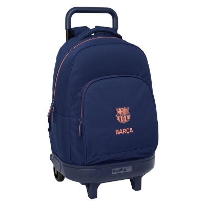 Mochila azul escuro com rodinhas e logótipo do FC Barcelona