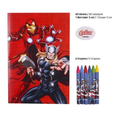 Conjunto de material escolar Avengers com caderno, apagador e lápis de cor