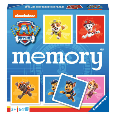 Caixa azul de jogo de memória Paw Patrol com imagens coloridas dos personagens