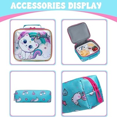 Estojo e lancheira azul com unicórnios e detalhes rosa e roxos