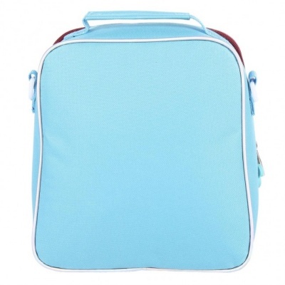 Bolsa térmica azul claro com fecho branco e pega superior