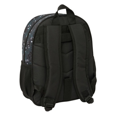 Mochila preta com alças acolchoadas e padrão geométrico azul e branco