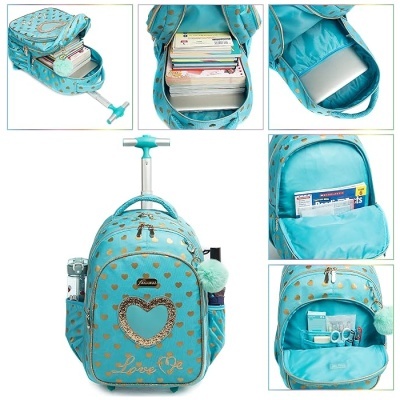 Mochila azul turquesa com padrão de corações dourados e vários compartimentos