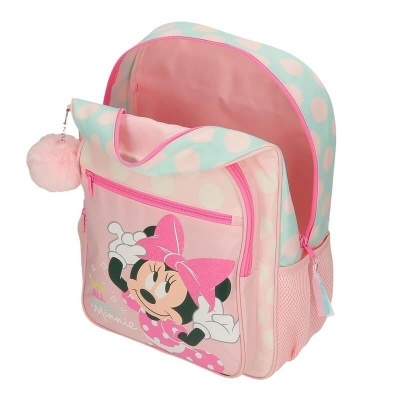 Mochila infantil rosa e azul clara com estampa da Minnie Mouse e pompom