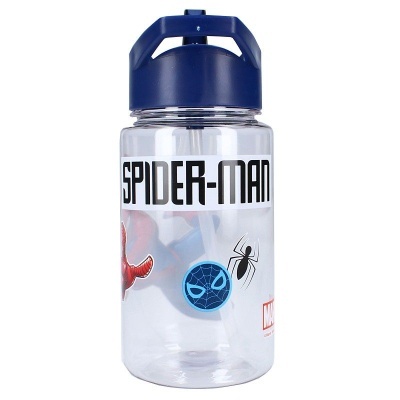 Garrafa plástica transparente Homem-Aranha com tampa azul e decoração temática Marvel