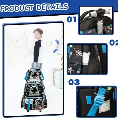 Mochila infantil temática de astronautas em preto e azul com rodas e vários compartimentos