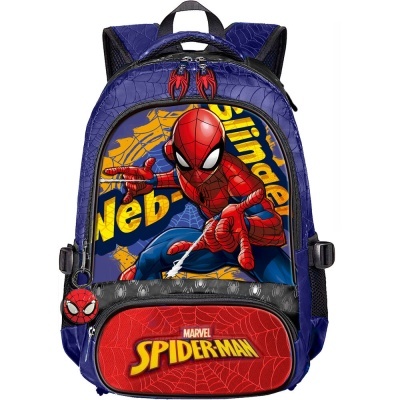 Mochila azul e vermelha com imagem do Spider-Man e texto 'Web-slinger' e 'MARVEL SPIDER-MAN'