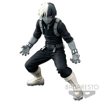 Figura de ação de personagem com cabelo metade branco e preto e roupa preta