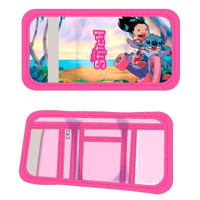 Carteira preta e rosa com imagem dos personagens de Lilo & Stitch e compartimentos transparentes