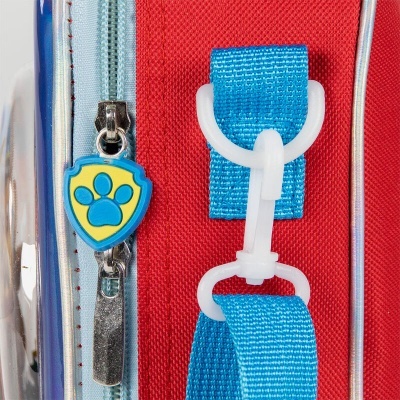 Mala vermelha com fecho e puxador com imagem de pata azul