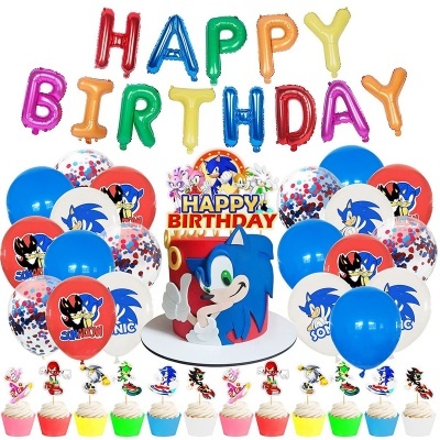 Decoração de festa com balões e bolo tema Sonic