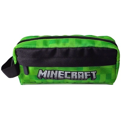 Estojo escolar retangular verde e preto com o logo Minecraft