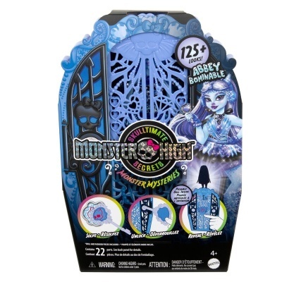 Brinquedo Monster High Bull Ultimate Secrets em embalagem azul com personagem Abbey Bominable e textos informativos