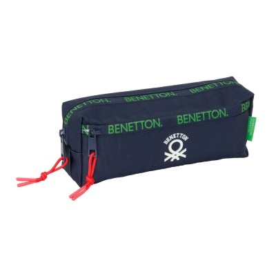 Estojo azul escuro com fechos vermelhos e logótipo Benetton verde e branco