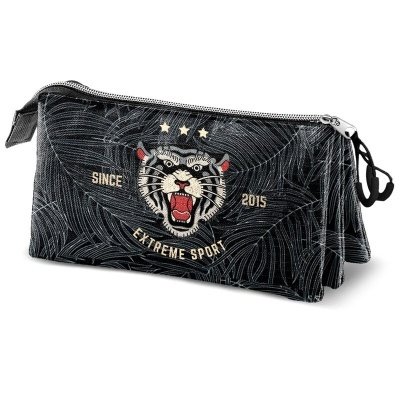 Estojo preto com bordado de tigre e textos 'SINCE 2015' e 'EXTREME SPORT'