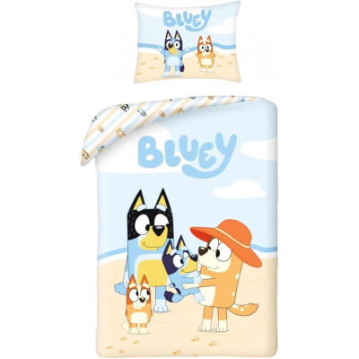 Roupa de cama infantil com personagens animados Bluey em azul, bege e laranja
