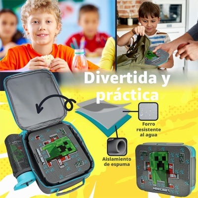 Marmita Minecraft cinzenta com isolamento dentro e garrafa azul lateral