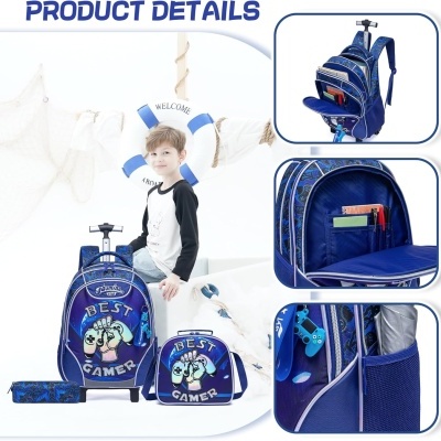 Conjunto de mochila escolar azul com padrão de videojogo e texto BEST GAMER