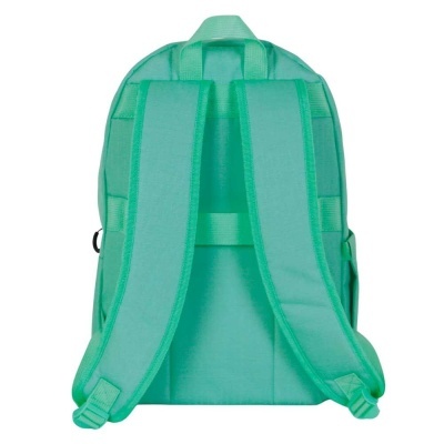 Mochila verde água vista por trás com alças largas e pega superior