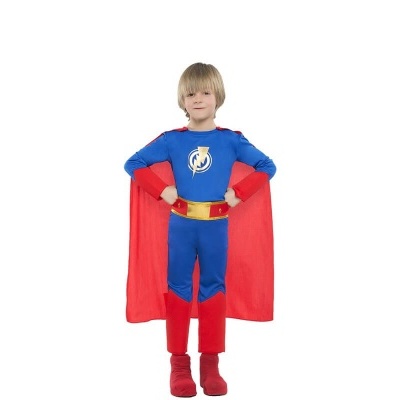 Fantasia de super-herói azul e vermelho com capa vermelha em fundo branco