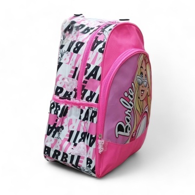 Mochila infantil rosa com padrão e imagem da Barbie