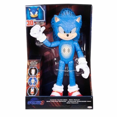 Boneco Sonic azul em embalagem com texto e imagens