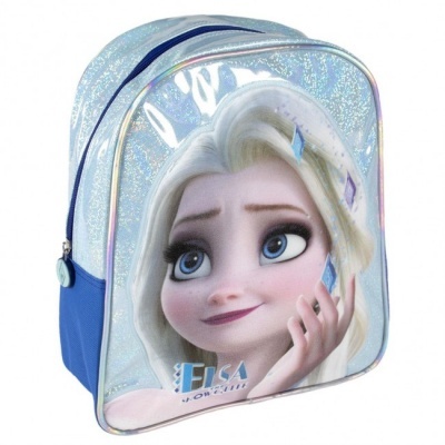 Mochila azul e prata com personagem Elsa de Frozen estampada