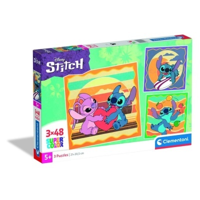 Caixa de puzzle Disney Stitch com 3 imagens coloridas e indicação de 5+ anos.