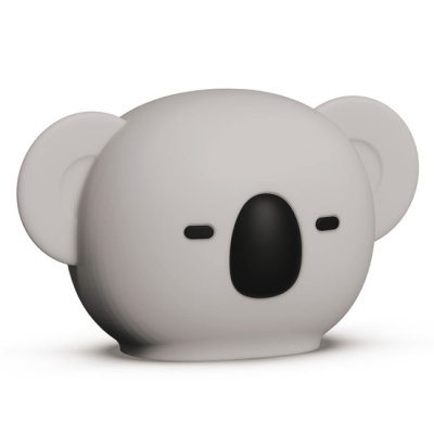 Objeto decorativo ou brinquedo em forma de cabeça de coala estilizada branca com nariz preto