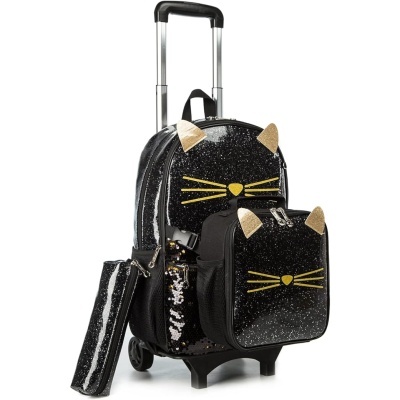 Mala de viagem preta com glitter e decoração de gato com orelhas douradas e bigodes