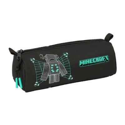 Estojo escolar preto com design Minecraft e fecho de correr