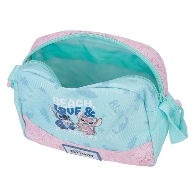 Bolsa azul claro e rosa com desenhos dos personagens Stitch e Angel e texto
