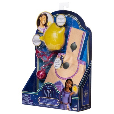 Brinquedo Disney Wish com garrafa amarela, avental rosa e acessórios em embalagem azul