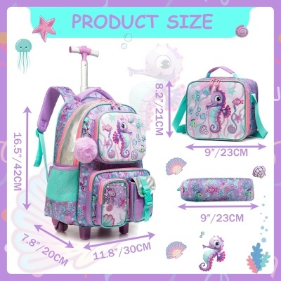 Conjunto colorido de mochila com carrinho, lancheira e estojo com padrão de cavalo-marinho