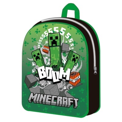 Mochila verde e preta com personagens Minecraft e texto BOOM e MINECRAFT