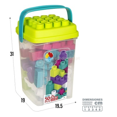 Balde transparente com tampa verde e pega azul contendo blocos de construção coloridos