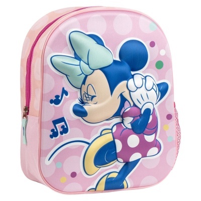 Mochila infantil rosa com imagem da Minnie Mouse e padrão de bolinhas.