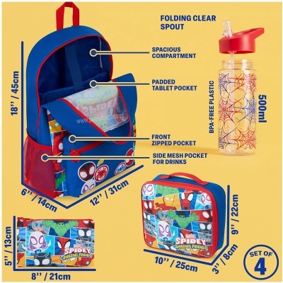 Mochila azul e vermelha Homem-Aranha com garrafa, estojo e bolsos coloridos