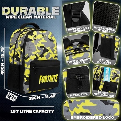Mochila camuflada amarelo, preto e cinza com logo Fortnite e alças ajustáveis
