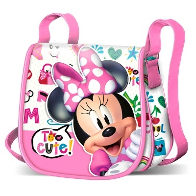 Mala infantil rosa com imagem da Minnie Mouse e texto 'TOO CUTE!'