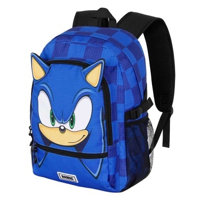 Mochila azul com rosto do Sonic em tecido e alças acolchoadas pretas