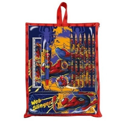 Conjunto escolar Homem-Aranha com régua, lápis e caneta em estojo vermelho