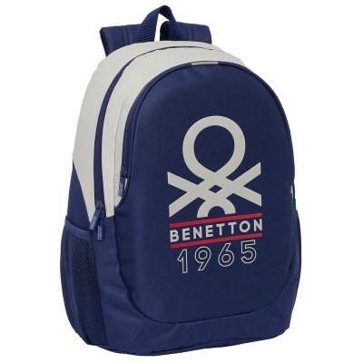 Mochila azul e branca com logótipo Benetton e texto 1965