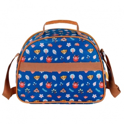 Mala azul com padrão de desenhos e alça castanha