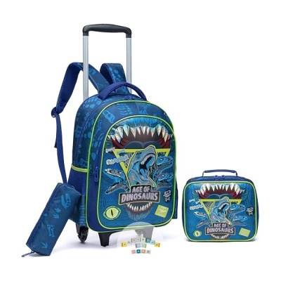 Conjunto mochila azul com padrão de dinossauros, estojo e lancheira com estampa de dinossauro e texto Age of Dinosaurs