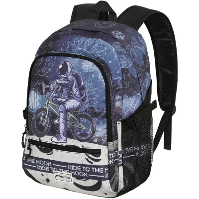 Mochila azul com estampa de astronauta em bicicleta e alças pretas acolchoadas