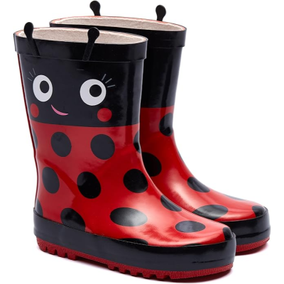 Botas de borracha vermelhas e pretas com padrão de joaninha para crianças