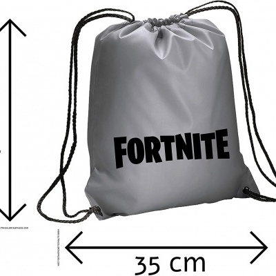 Mochila saco cinzenta com o texto FORTNITE em preto