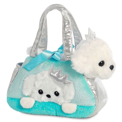 Bolsa infantil azul claro com cães de pelúcia brancos e detalhes prateados